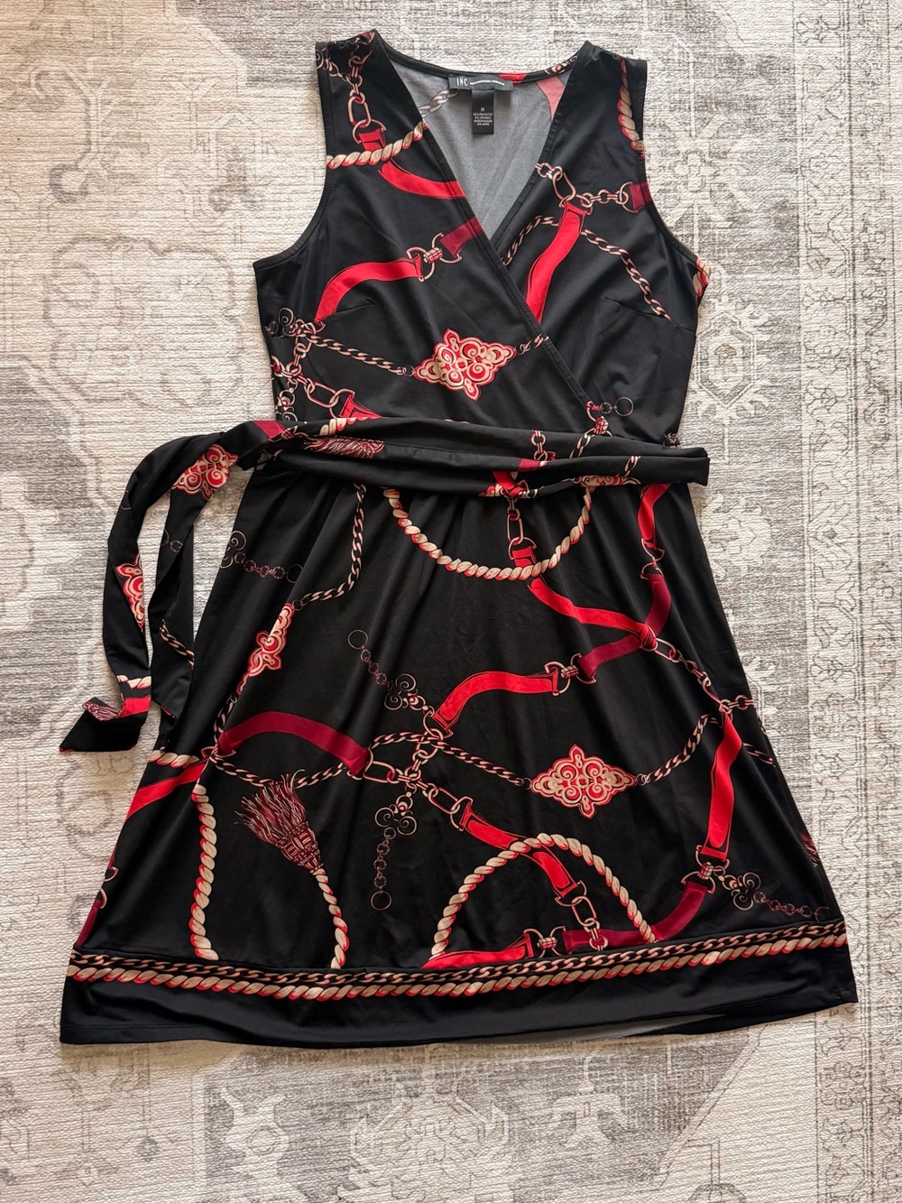 INC International Concepts Black Dress with Red Chain Print w/ belt tie